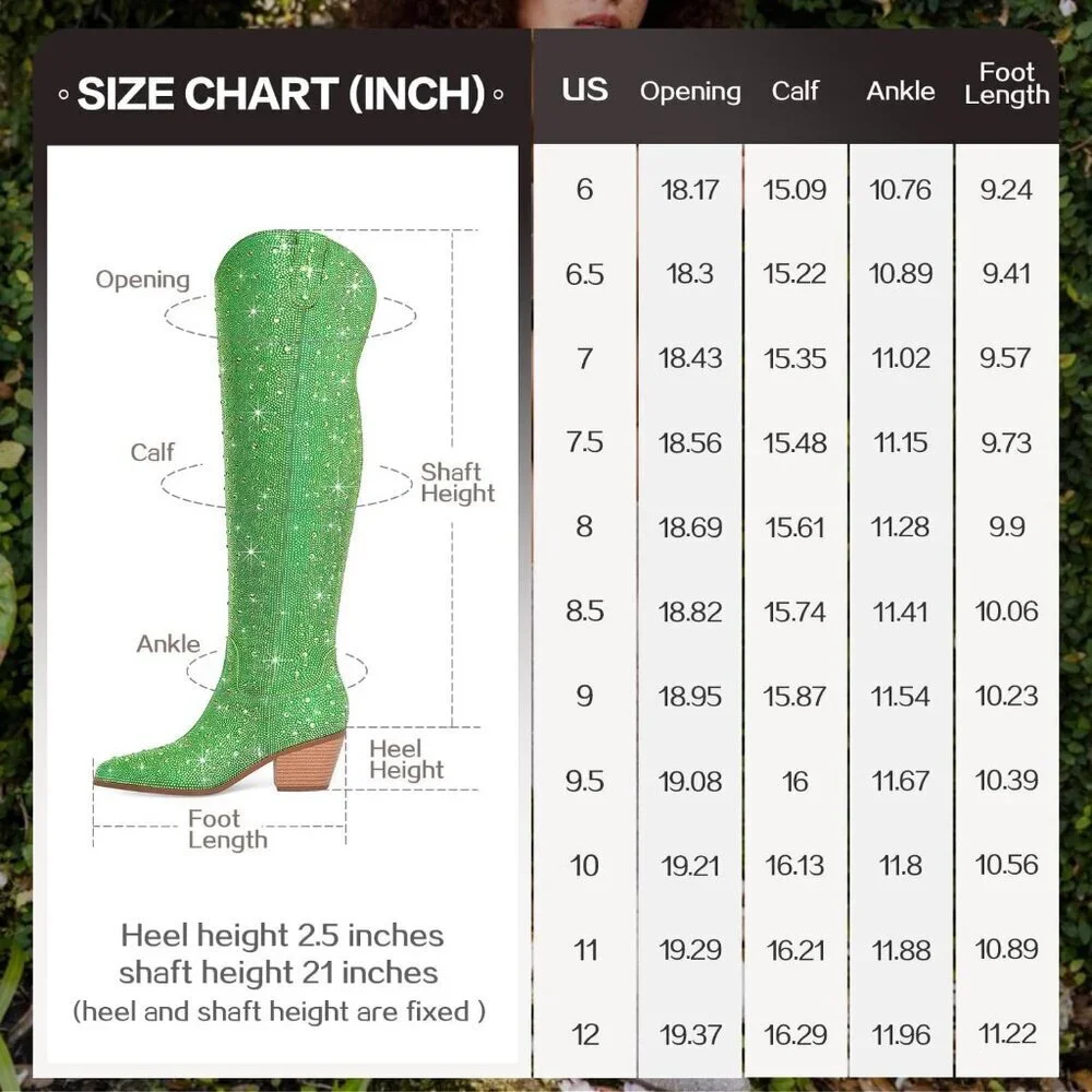 Women Green Faux Leather Sparkly Bling Rhinestone Over the Knee Cowboy Boots